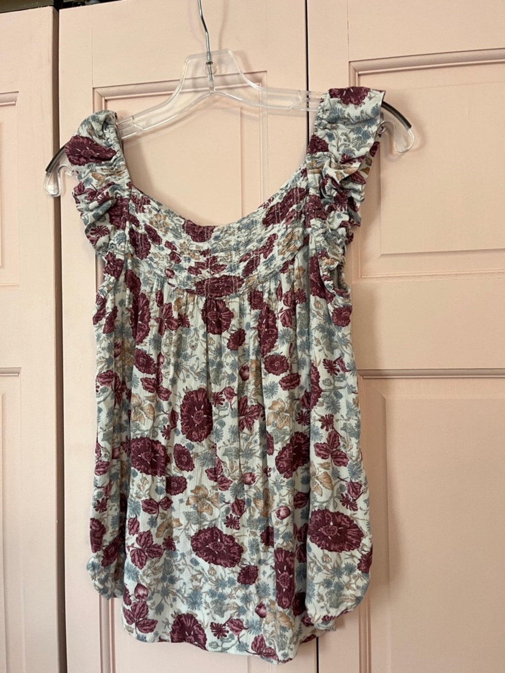Maurices Cream Floral Ruffle Shoulder Blouse with Burgundy Print - Picture 1 of 3